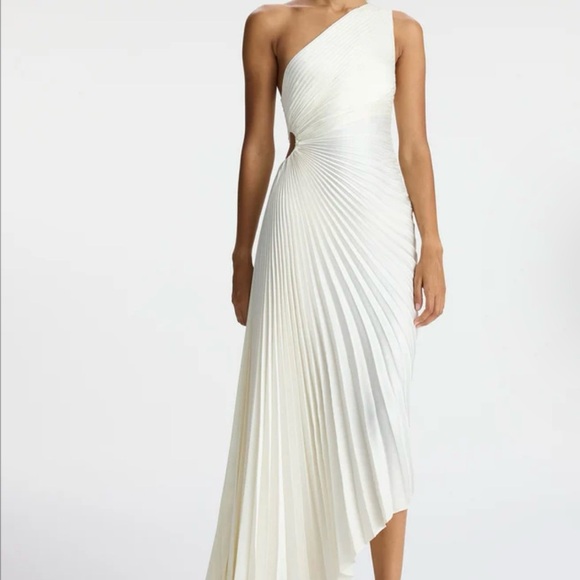 A.L.C. White Whisper  Satin Delfina Pleated Long Asymmetric One-Shoulder Dress - Picture 3 of 10